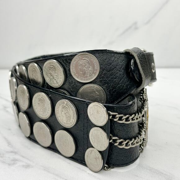 Vintage Argentina Coin Studded Leather Chain Belt Gaucho Western Small (S) ✨ - Picture 7 of 15